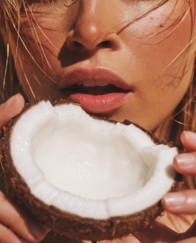 Halved fresh coconut