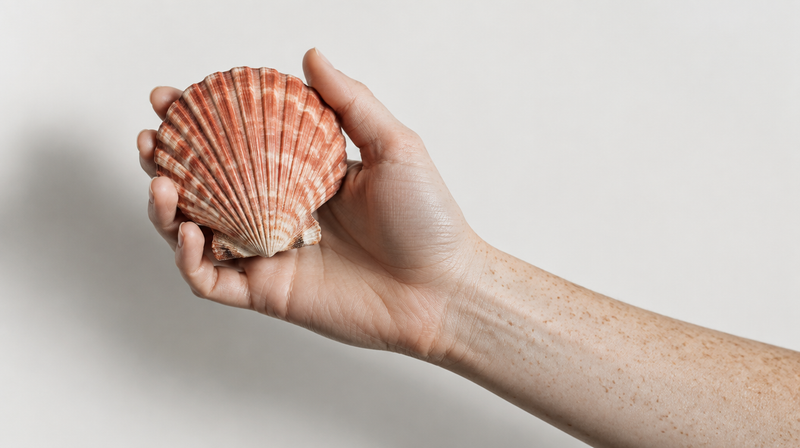 A pale freckled forearm holding a coral scallop shell