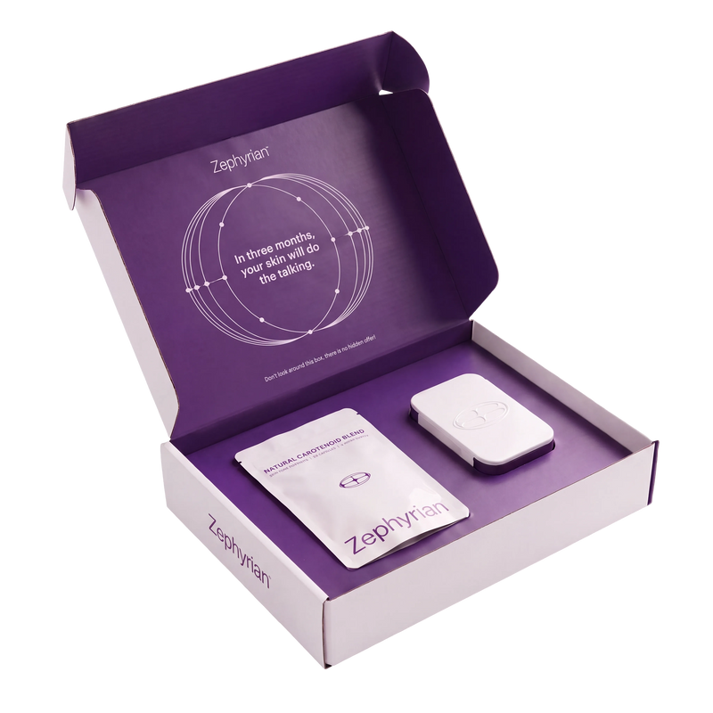 Zephyrian welcome kit box, open, tilted, transparent background
