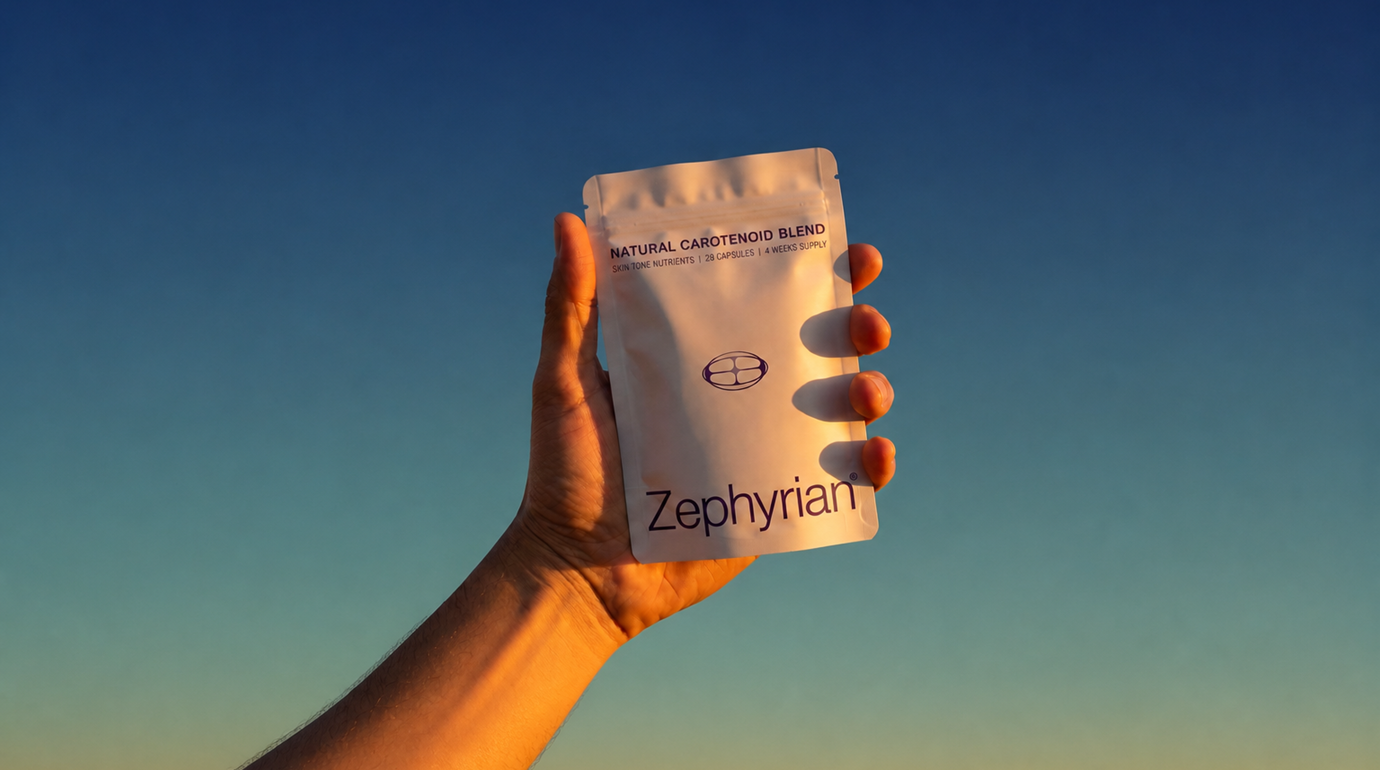 Zephyrian pouch held against the evening sky